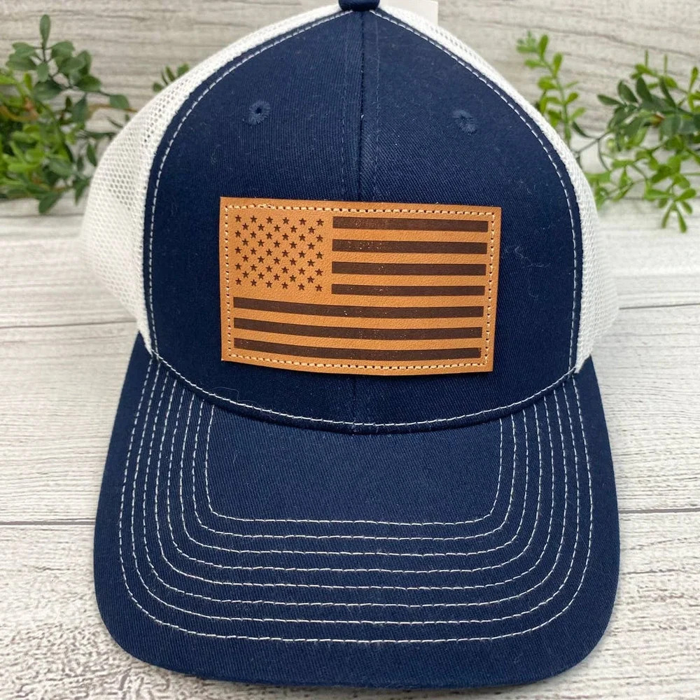 NEW USA Flag Leather Accent Mesh Back Trucker Cap OS